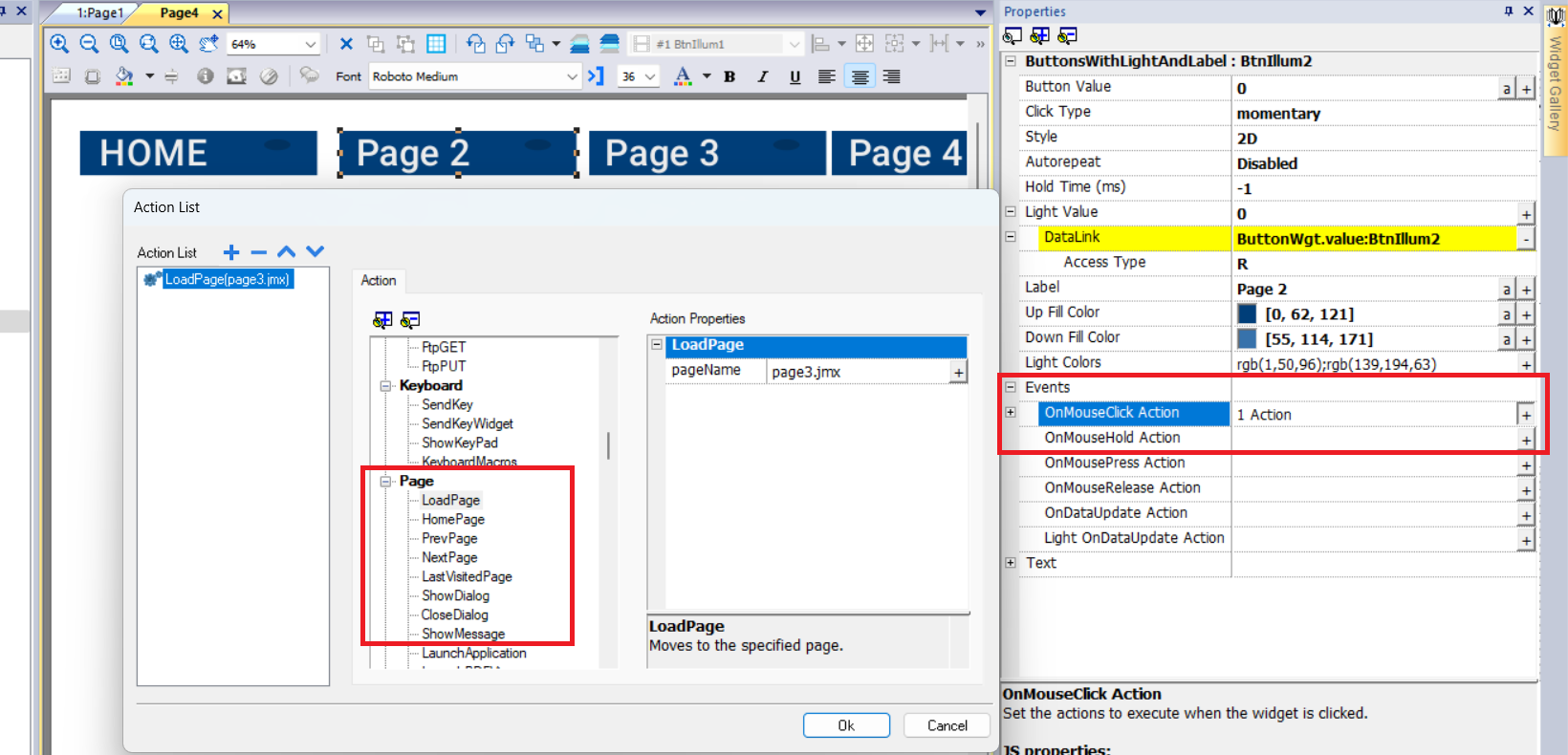 how to open page or dialog with button click in abb hmi